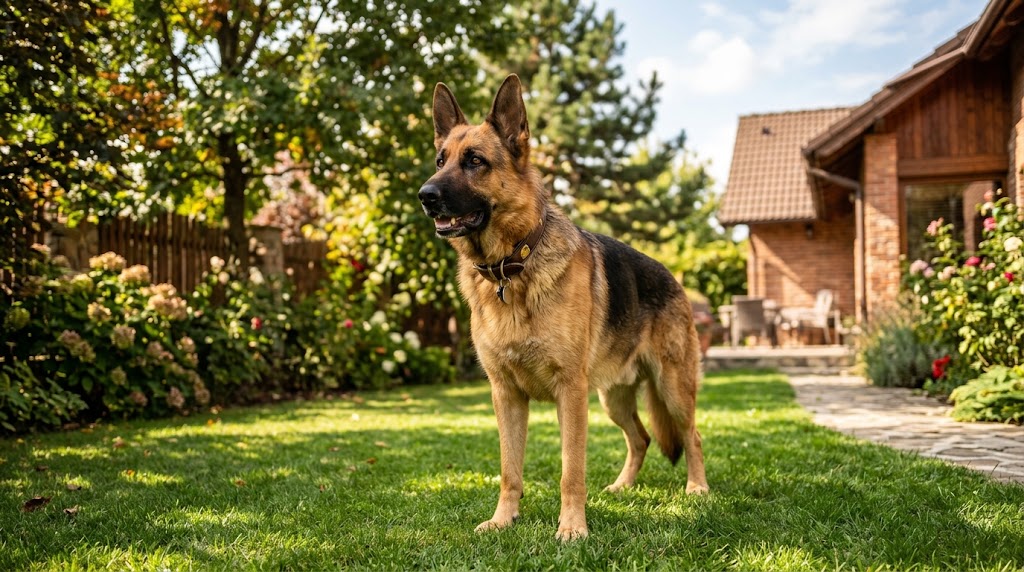 A german shepherd as a pet standing alert in a backyard on a sunny day