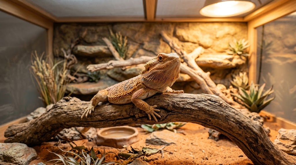 A bearded dragon as a pet perched on a branch inside a warm, well-lit terrarium