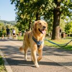 A dog wearing a no-pull harness walking calmly on a leash outdoors