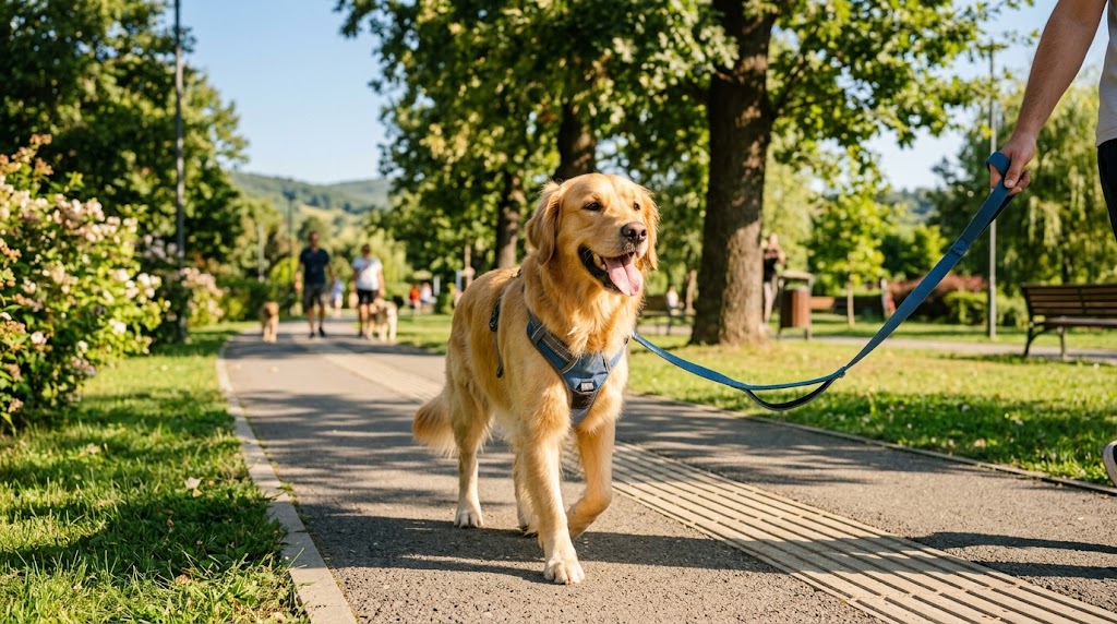 A dog wearing a no-pull harness walking calmly on a leash outdoors