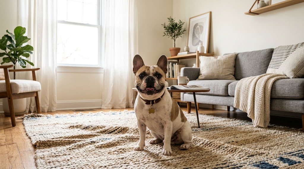A french bulldog as a pet sitting on a cozy rug in a bright apartment living room
