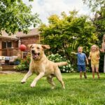 A labrador retriever as a pet playing fetch in a bright backyard with a family