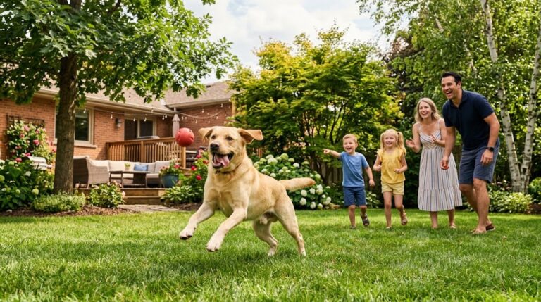 A labrador retriever as a pet playing fetch in a bright backyard with a family