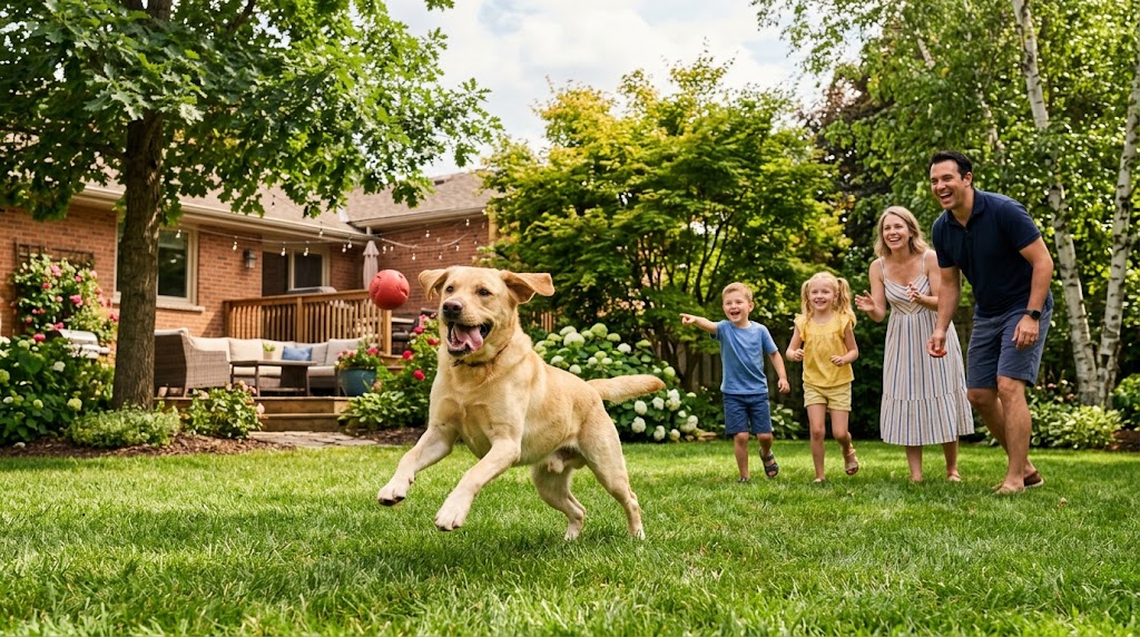 A labrador retriever as a pet playing fetch in a bright backyard with a family