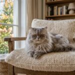 A persian cat as a pet lounging on a soft cushion in a bright, cozy living room