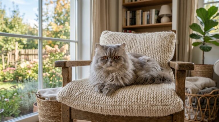 A persian cat as a pet lounging on a soft cushion in a bright, cozy living room