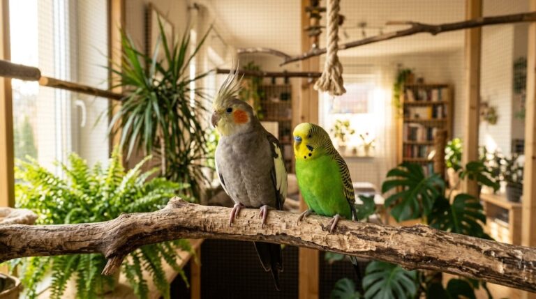A gray cockatiel and a green budgie perched together on a wooden branch inside a bright home aviary