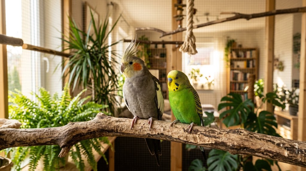 A gray cockatiel and a green budgie perched together on a wooden branch inside a bright home aviary