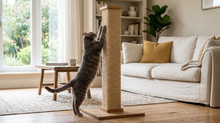 A gray cat stretching to scratch a tall sisal scratching post in a bright, cozy living room