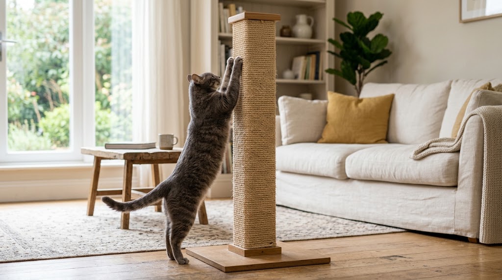 A gray cat stretching to scratch a tall sisal scratching post in a bright, cozy living room